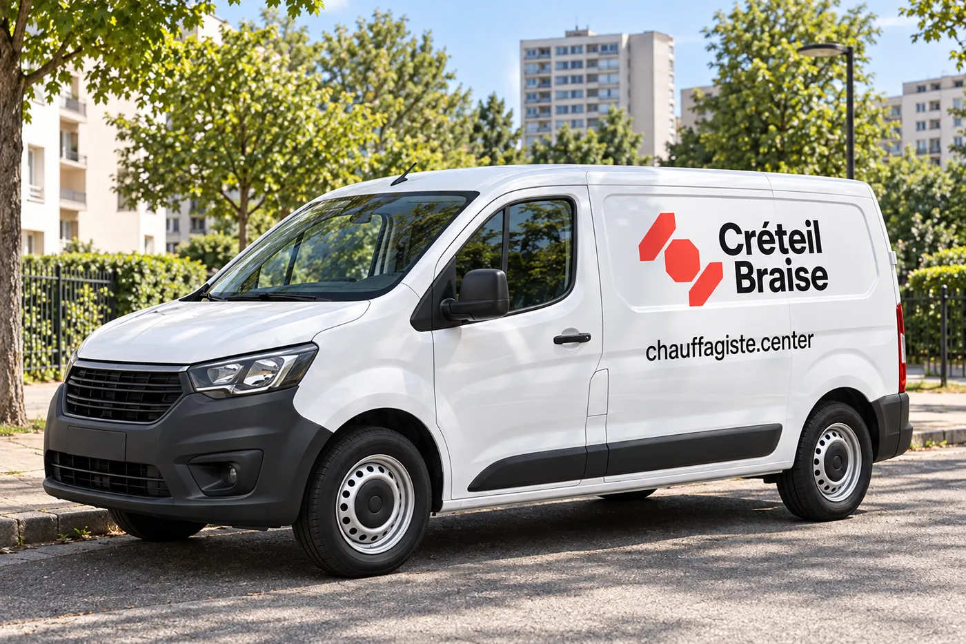 Fourgon blanc Créteil Braise marqué chauffagiste.center garé dans une rue résidentielle de Créteil